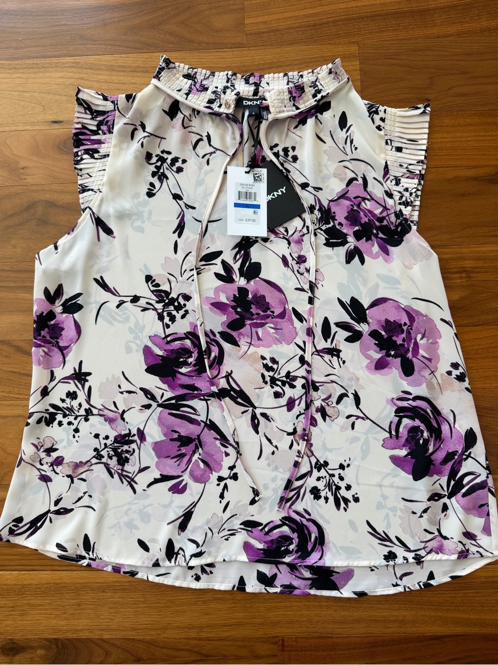 NWT DKNY Smocked Floral Tie Neck Sleeveless Blouse Purple Sugar Rush Size XL Top